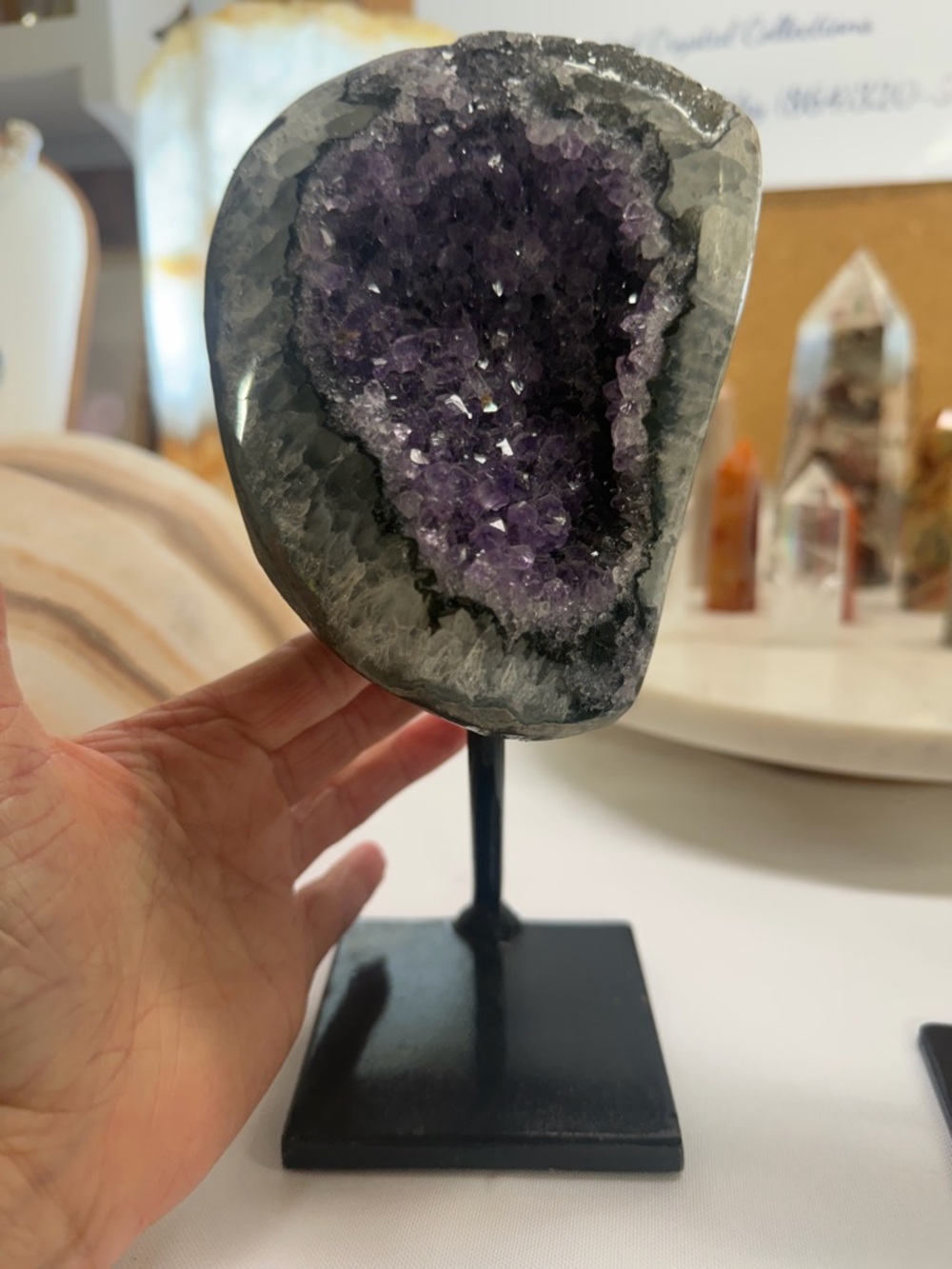Amethyst Geode Display on Metal Stand - Purple Crystal Accent